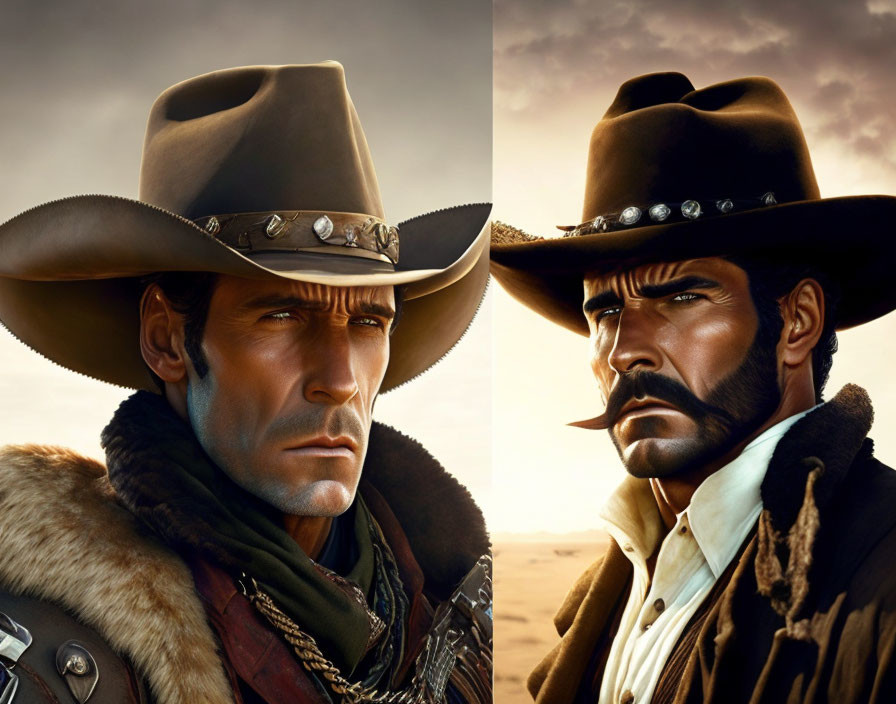 Dual stern-faced cowboys in hats against sunset sky backdrop, one fur collar, one black vest.