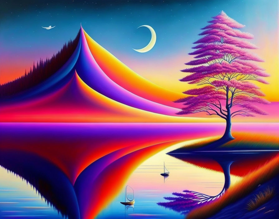 Colorful Surreal Landscape with Pink Tree, Rolling Hills, Boats, and Crescent Moon
