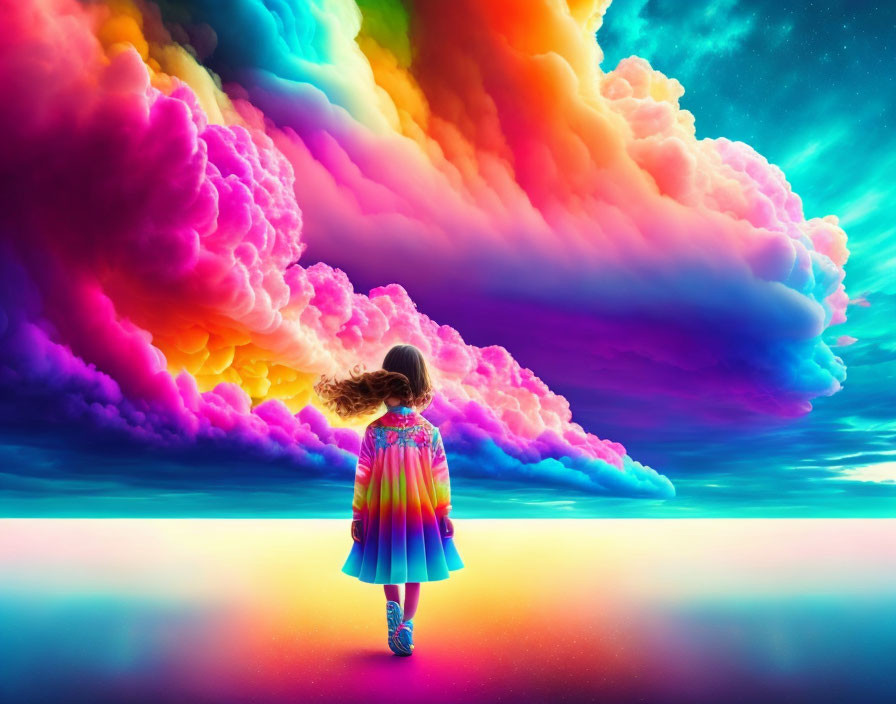 Colorful Dress Young Girl Stands before Rainbow Clouds