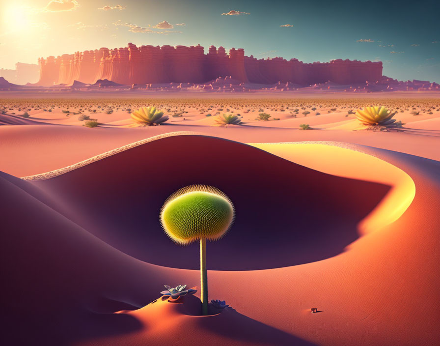 Unique Dandelion-Like Plant in Vibrant Desert Scene