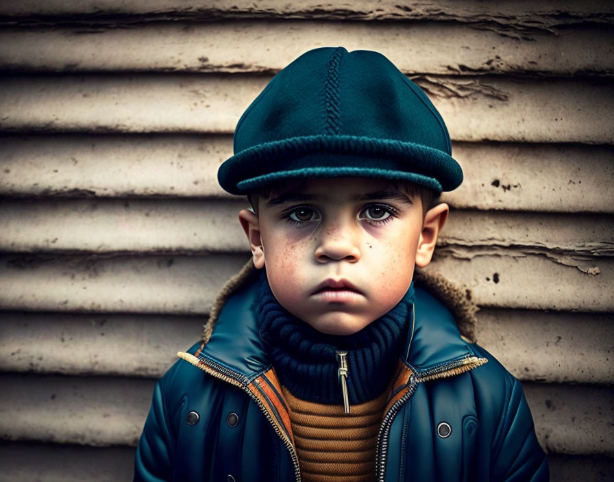 Young child in blue cap and navy jacket standing in front of textured wall