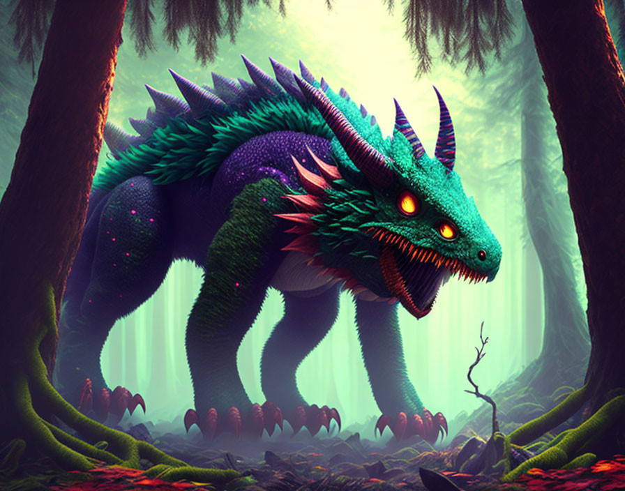 Colorful Mythical Dragon in Mystical Forest with Glowing Eyes