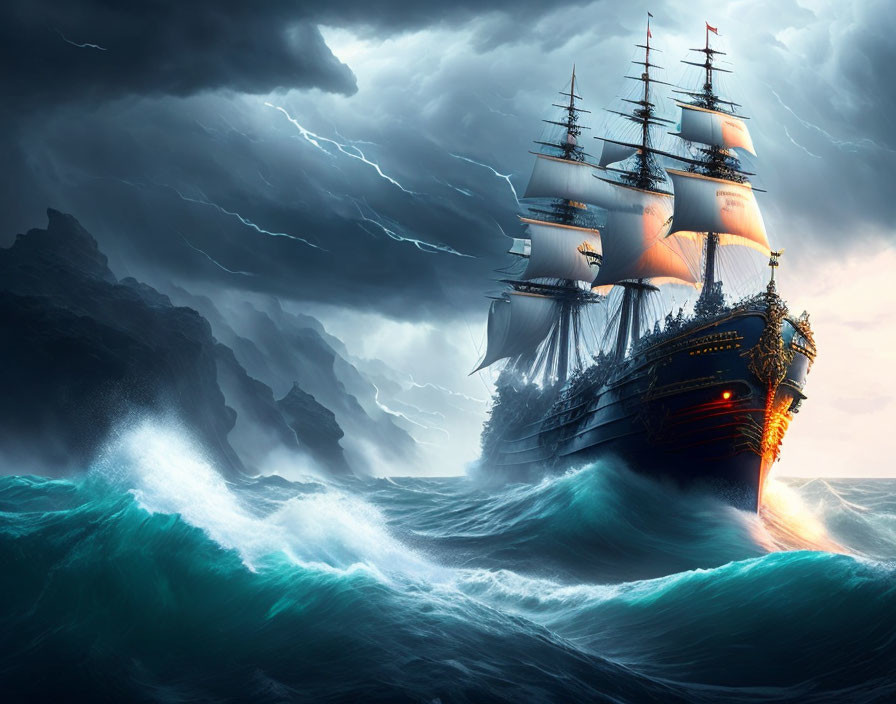 Stormy seas: Majestic sailing ship under lightning-filled sky