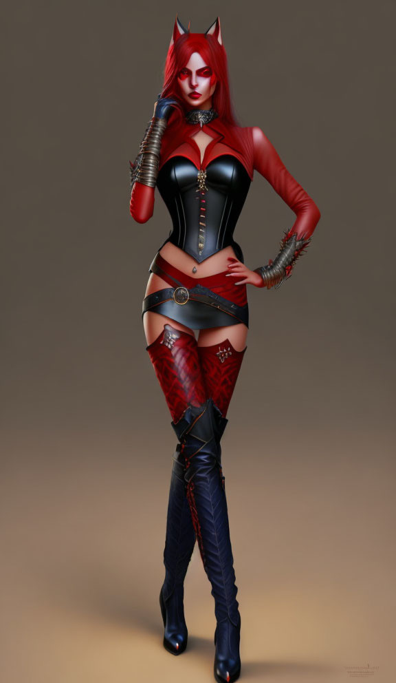 Red-haired female character in black and red bodysuit with fox ears and thigh-high boots.