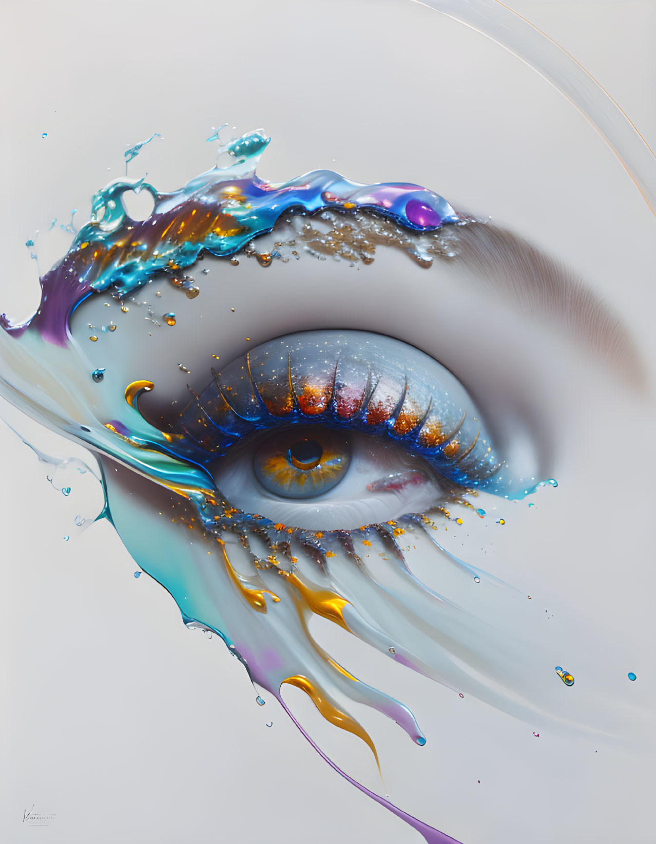 Detailed colorful painting of human eye with blue, orange, and purple splashes