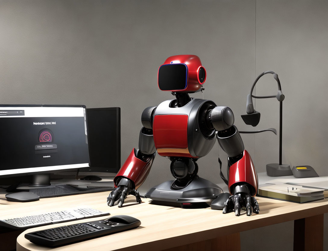 Red and Black Robot at Desk with Computer, Keyboard, and Headset