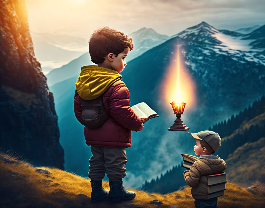 Children reading books near flame and mountains.