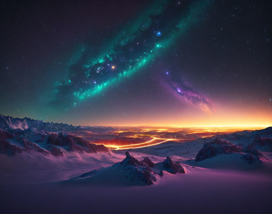 Colorful Aurora Over Snow-Covered Mountains at Dawn