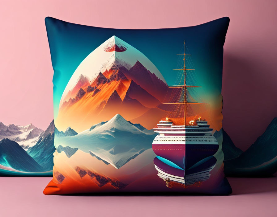 Surreal snow-capped mountain & ship design on decorative pillow