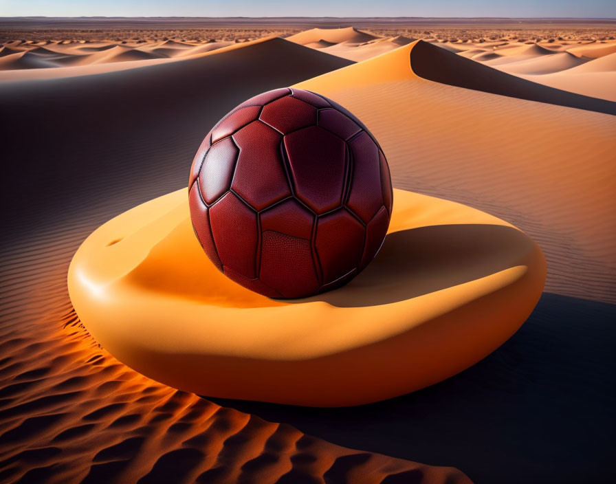 Red Soccer Ball on Sand-Colored Inflatable Ring in Desert Dunes
