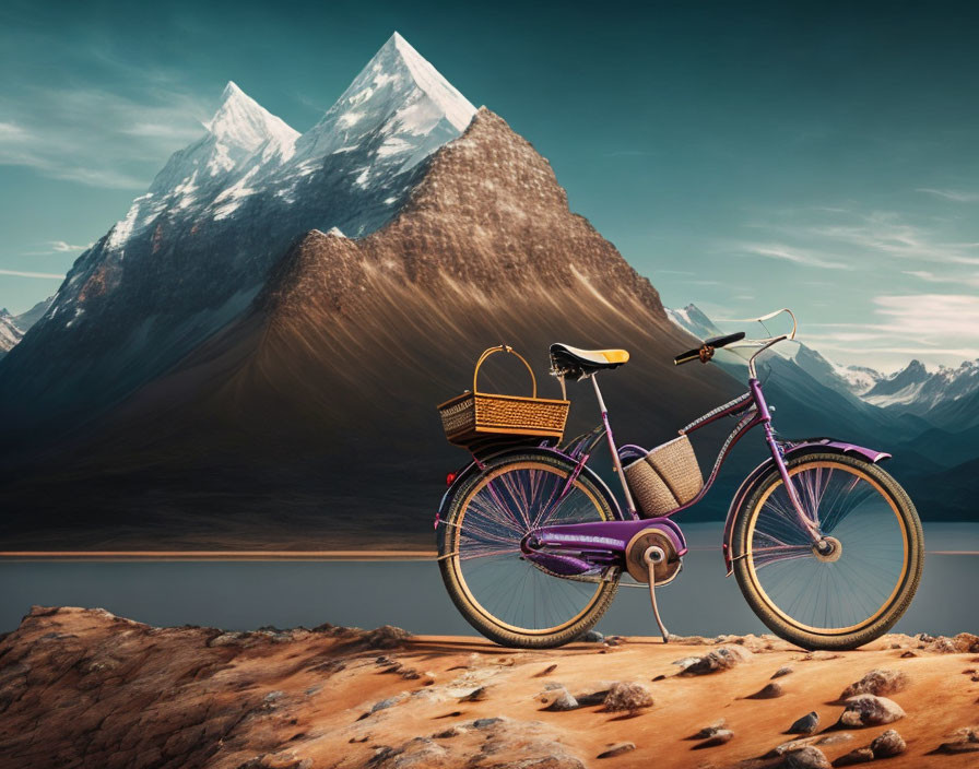 Purple Bicycle with Basket Parked on Sandy Terrain Near Snow-Capped Mountains