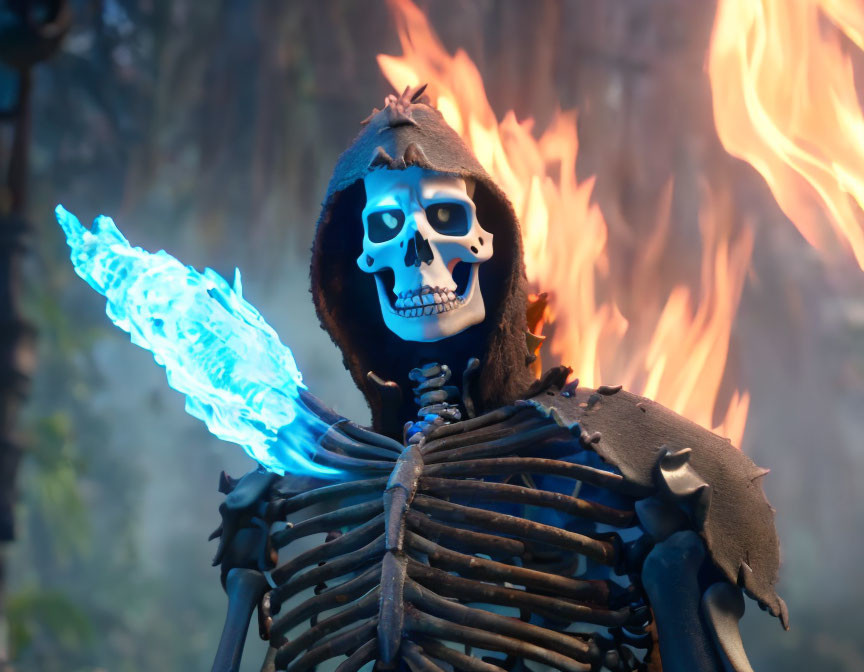 Hooded skeletal figure holding blue flame with fiery background