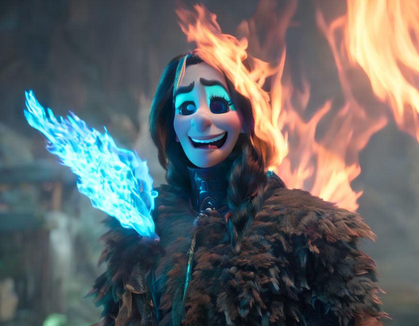 Female animated character holding blue flame, smiling in fur cloak with fire backdrop