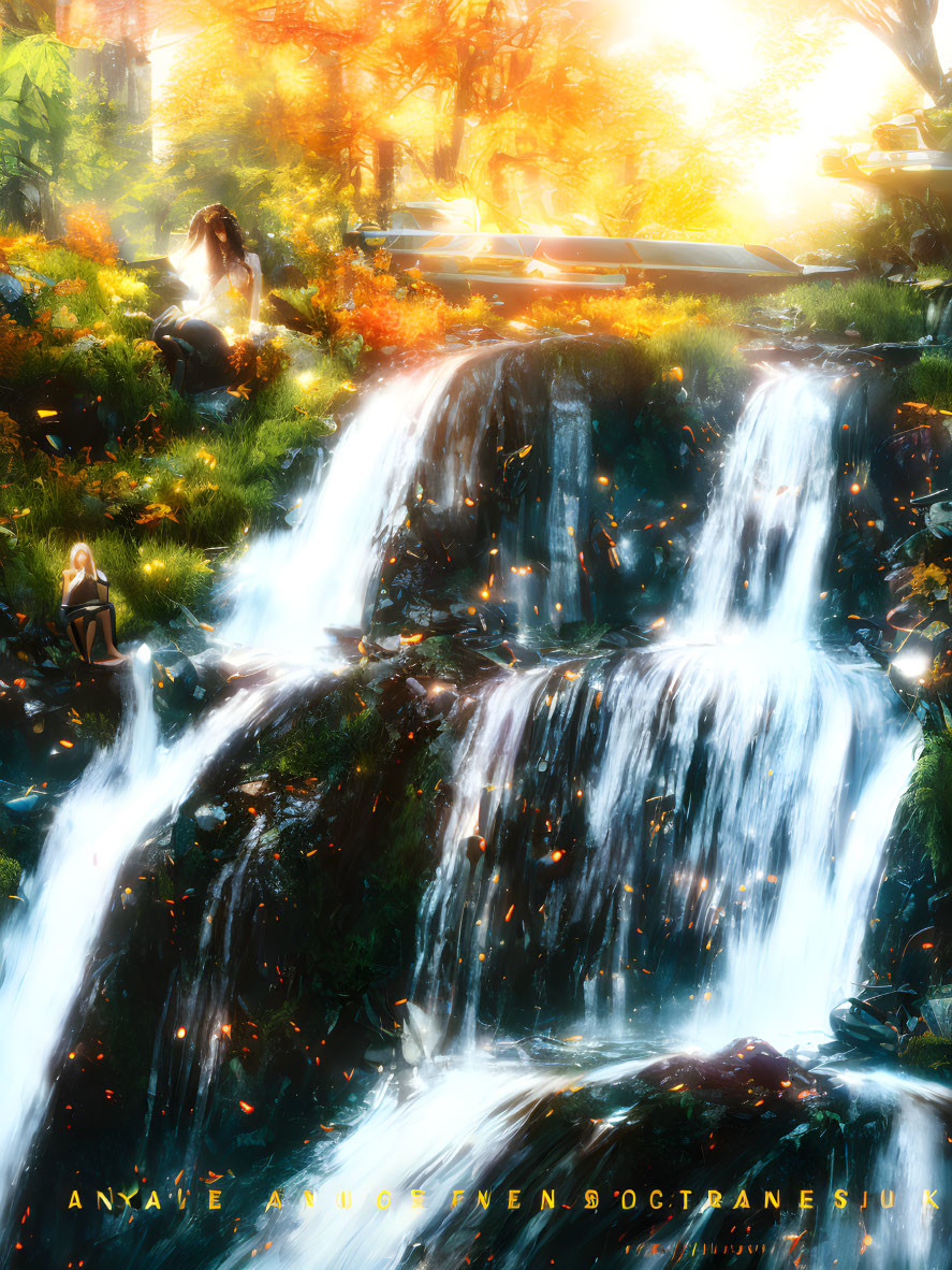 Tranquil waterfall scene with lush greenery and two people in warm sunlight