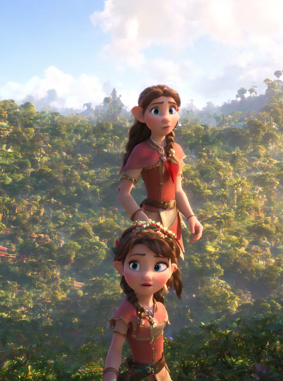 CGI image: Two animated female characters in lush forest setting