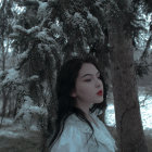 Digital artwork: Woman with dark hair and red lips holding red apple under snow-covered branches with red berries