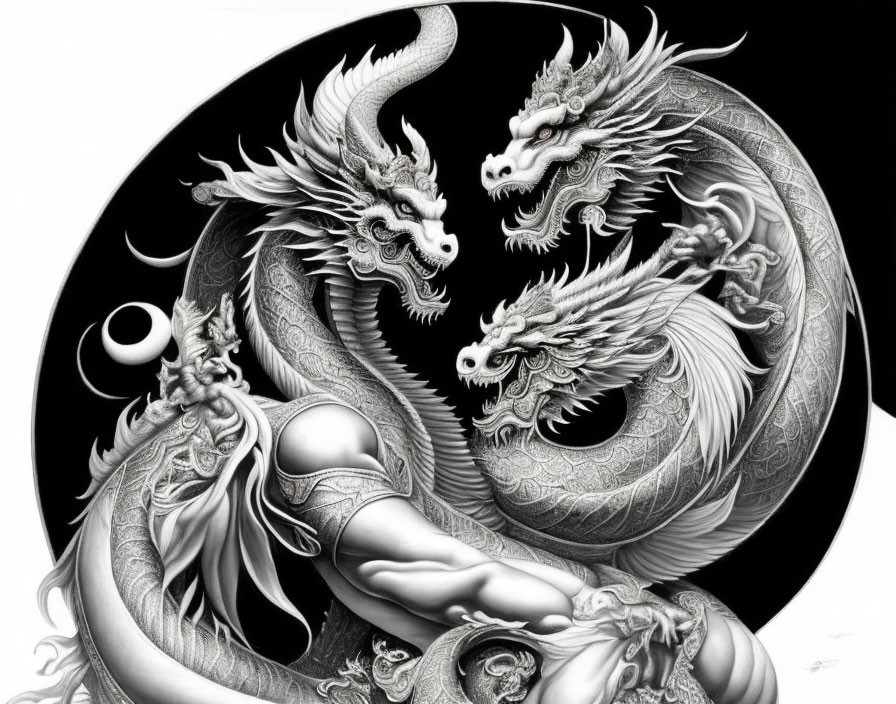 Detailed Monochrome Dragon Illustration with Symbolic Elements