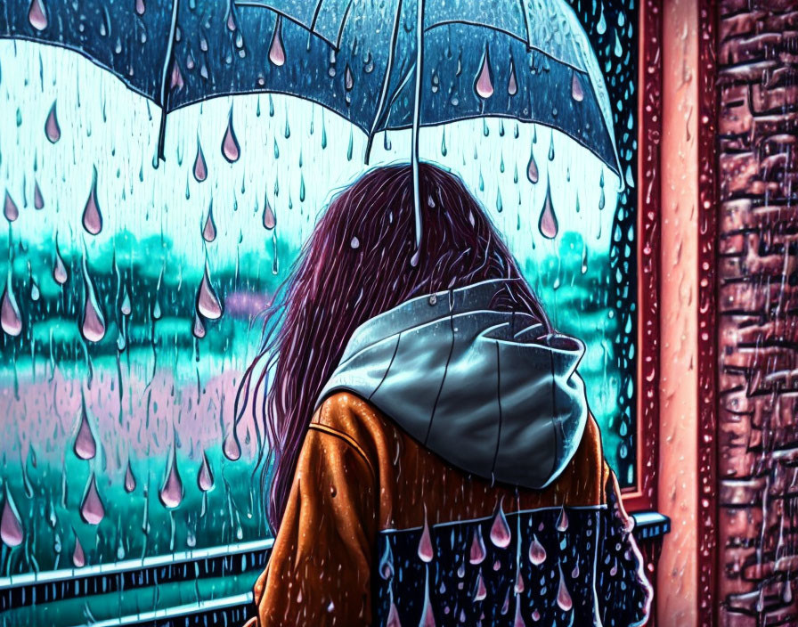 1 picture of a sad teenage girl watching the rain