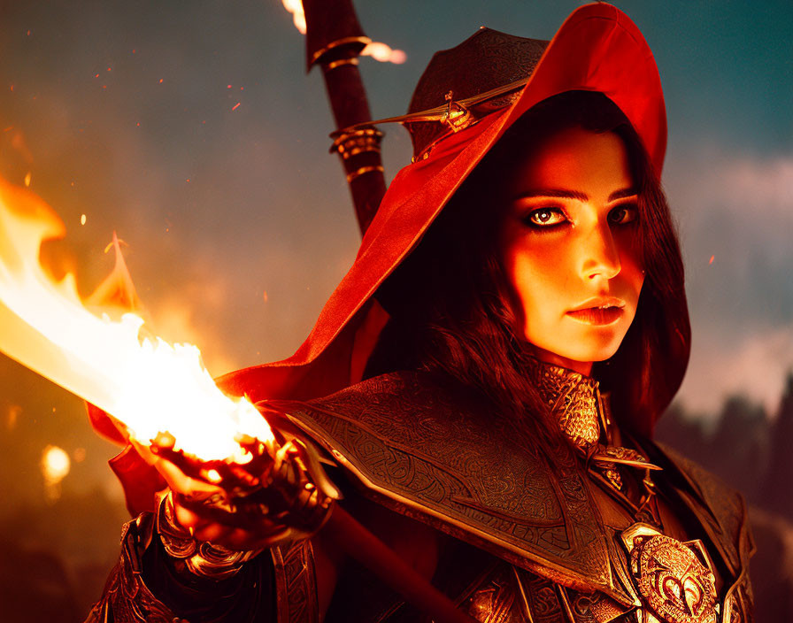 Person in Red Hooded Cloak with Flaming Torch in Fiery Setting