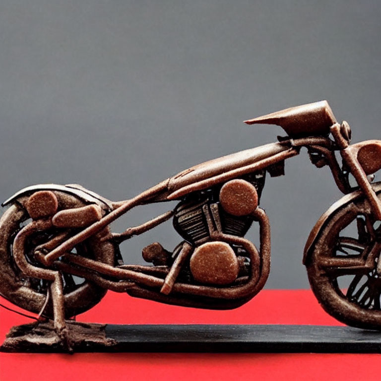 Detailed Chocolate Motorcycle Sculpture on Red Platform - Grey Background