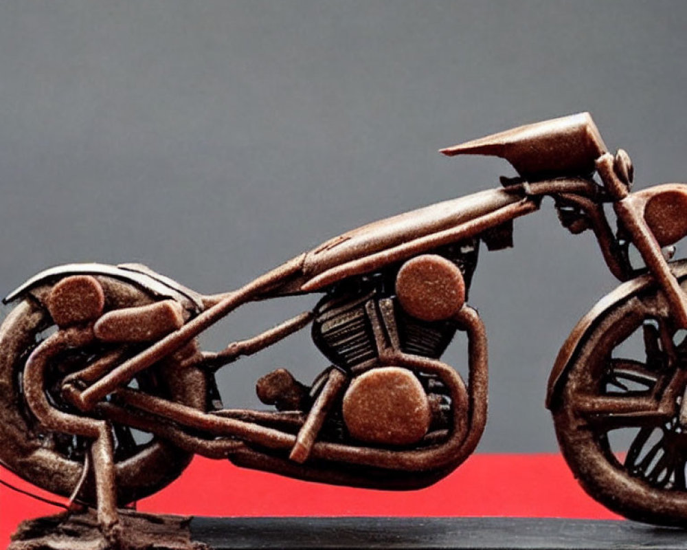 Detailed Chocolate Motorcycle Sculpture on Red Platform - Grey Background