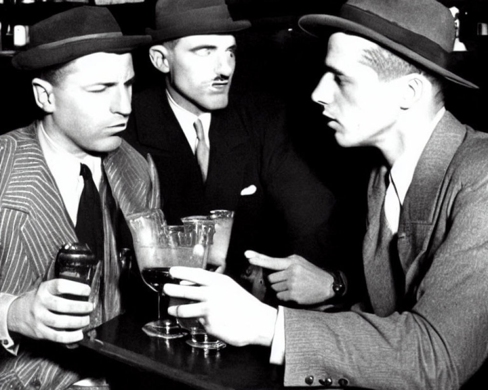 Vintage Attired Men Sitting at Bar with Drinks and Hats