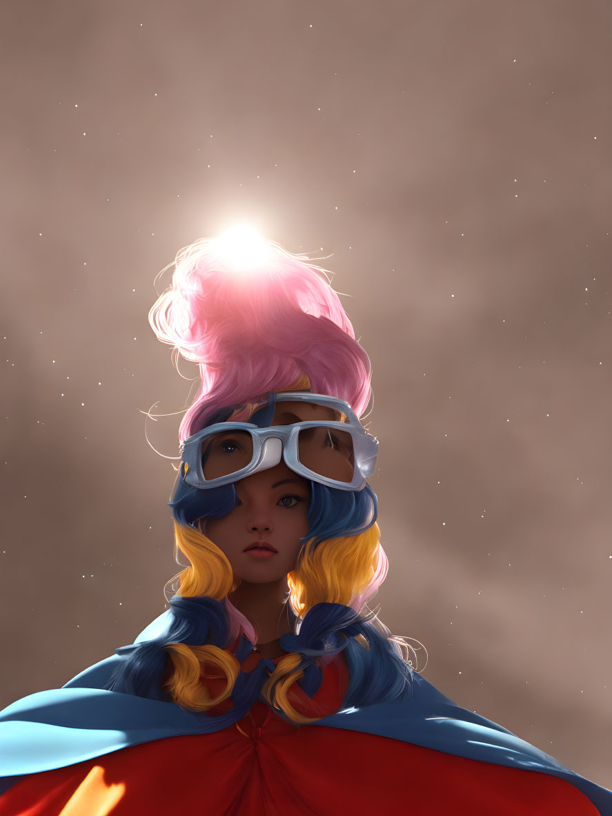 Colorful character with pink and blue hair, goggles, and red cape on starry background.