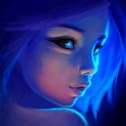 Digital portrait of woman with neon blue skin and starry details, glowing eyes, and butterfly in hair