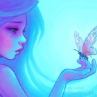 Fantasy illustration of fairy with iridescent wings among butterflies in enchanted forest