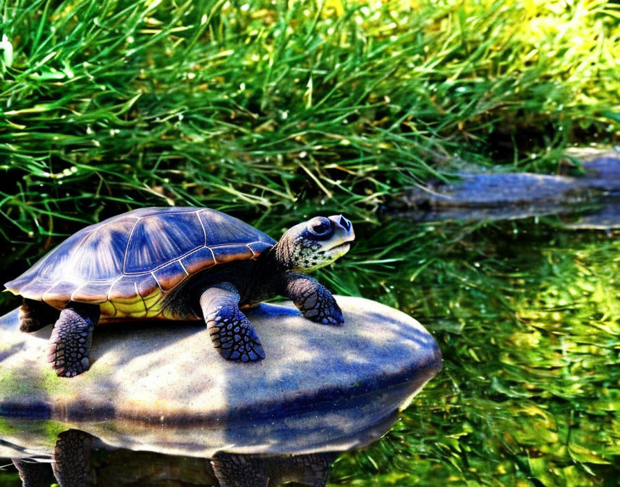 Turtle basking on stone with green grass and water background