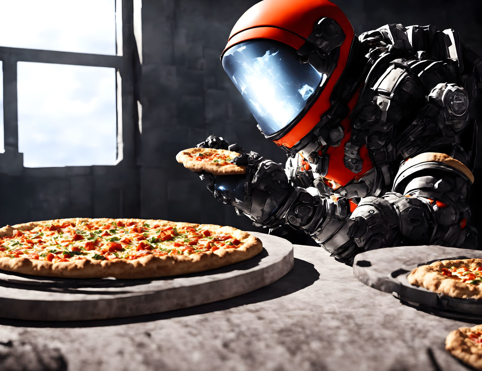 Futuristic black-and-orange armored robot reaching for pepperoni pizza slices
