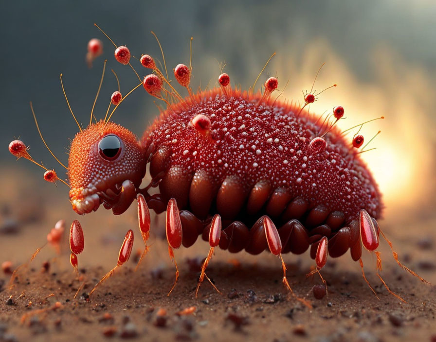 Computer-generated image of red ant-like creature and smaller versions on warm background