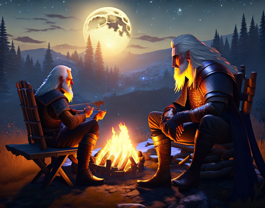 White-Haired Warriors at Campfire in Moonlit Forest