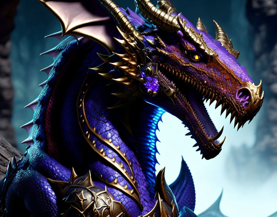 Blue Dragon with Gold-Tipped Spikes and Yellow Eyes on Dark Rocky Background
