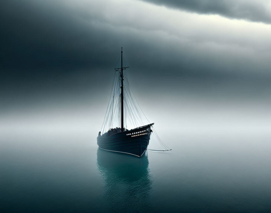 Solitary ship on calm waters under overcast sky