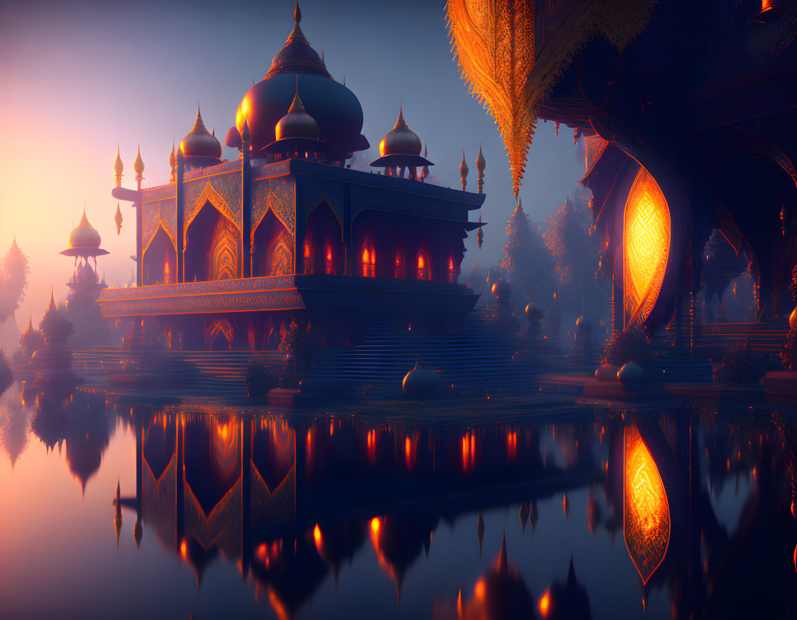 Ornate palace illuminated by warm glow in eastern architectural landscape
