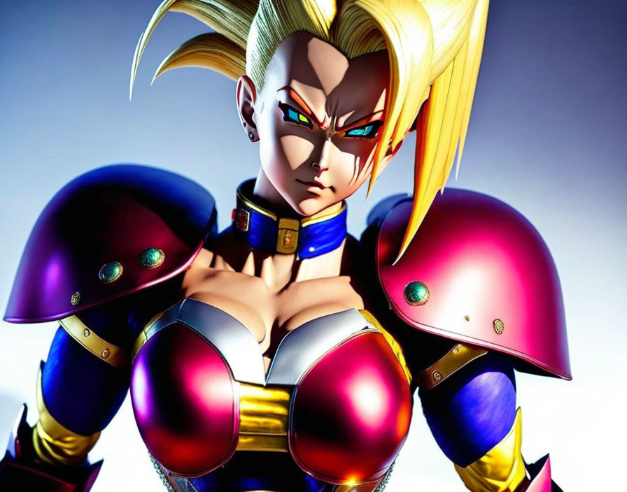 Animated character with spiky blonde hair and blue eyes in battle armor with shoulder pads and chest plates