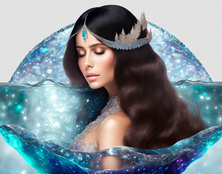 Woman with Sparkling Tiara and Brown Hair in Celestial Setting
