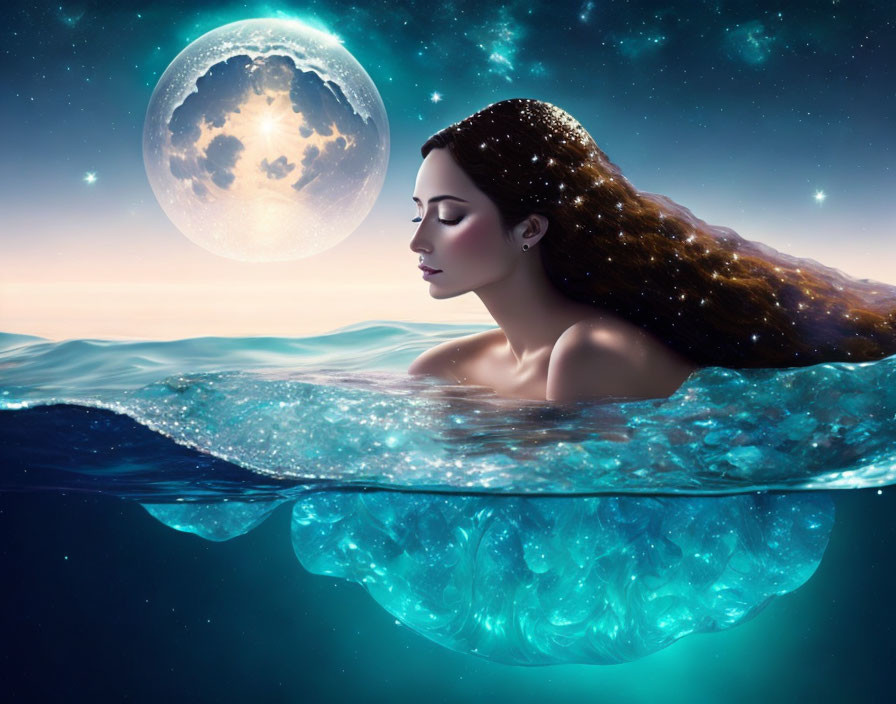 Woman with starry hair submerged under full moon sky