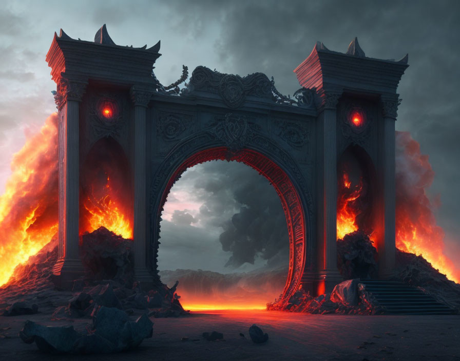 Fiery gateway surrounded by lava and ruins under stormy sky