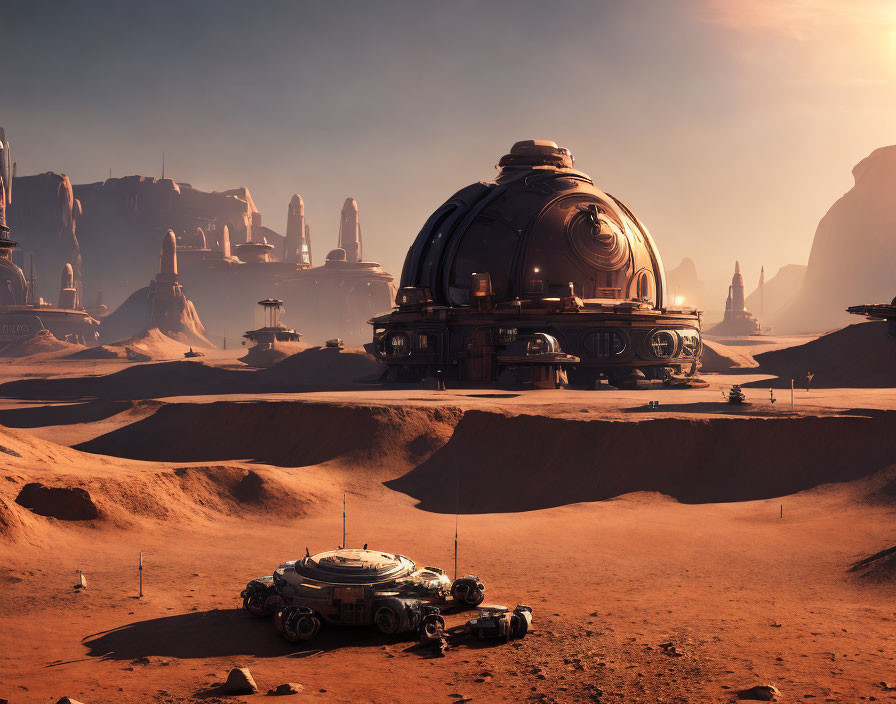 Futuristic dome structure and vehicle on rocky red planet