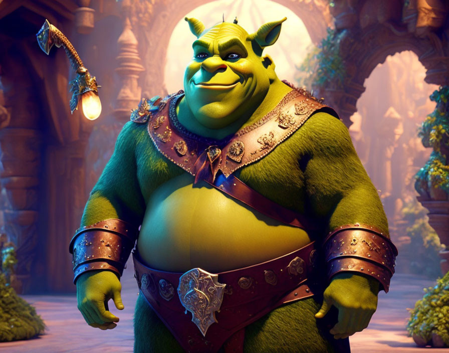 Green ogre with confident smile in medieval setting wearing brown vest.