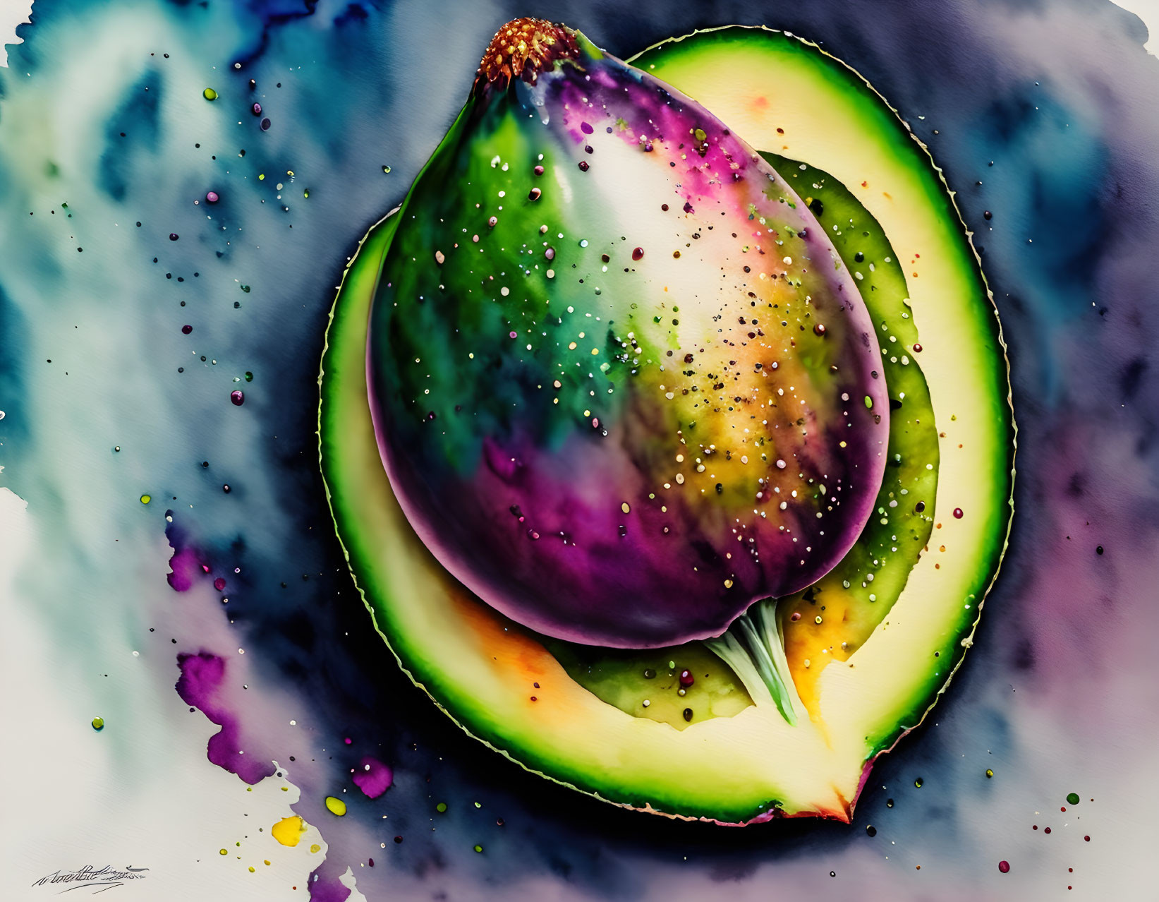Colorful Watercolor Illustration of Sliced Avocado with Splattered Ink Droplets