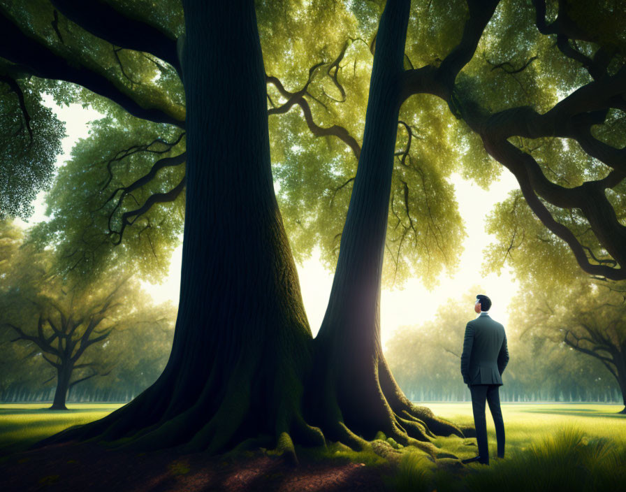 Man in suit between majestic trees with sunlight in serene forest