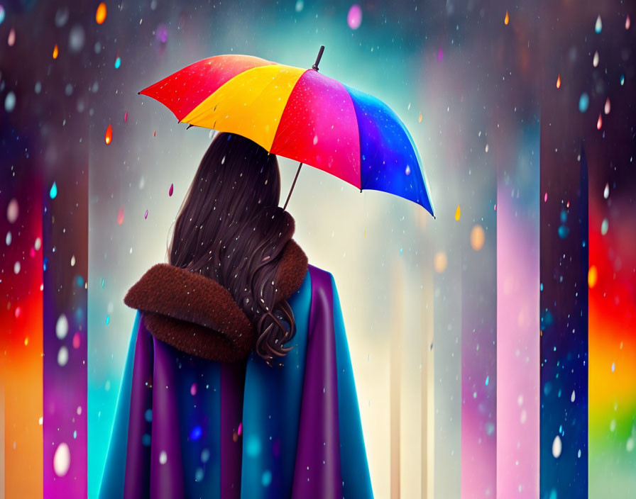 Vibrant Multicolored Umbrella in Colorful Rain Scene