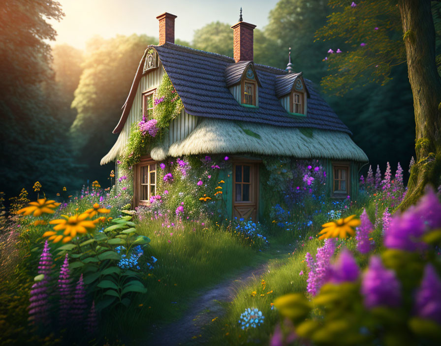 Cozy Cottage in Forest Clearing with Sunlight and Flowers