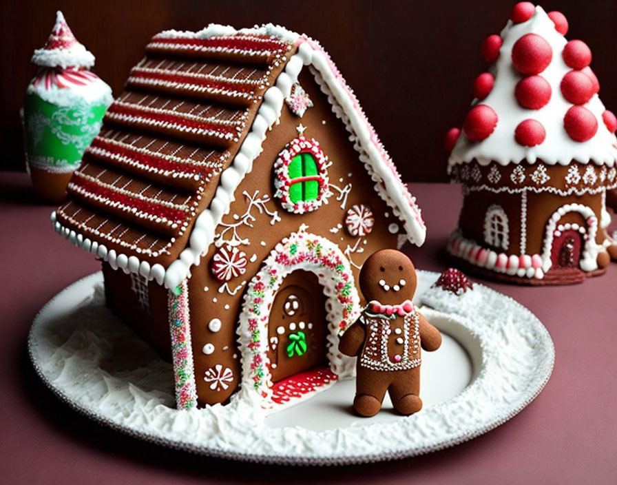 Gingerbread House with Smiling Gingerbread Man on Snowy Plate