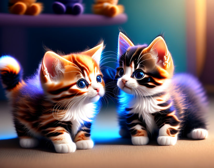 Two vibrant cartoon kittens with large eyes in soft lighting and surrounded by pet toys.