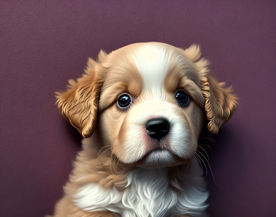 Fluffy tan and white puppy with dark eyes on purple background