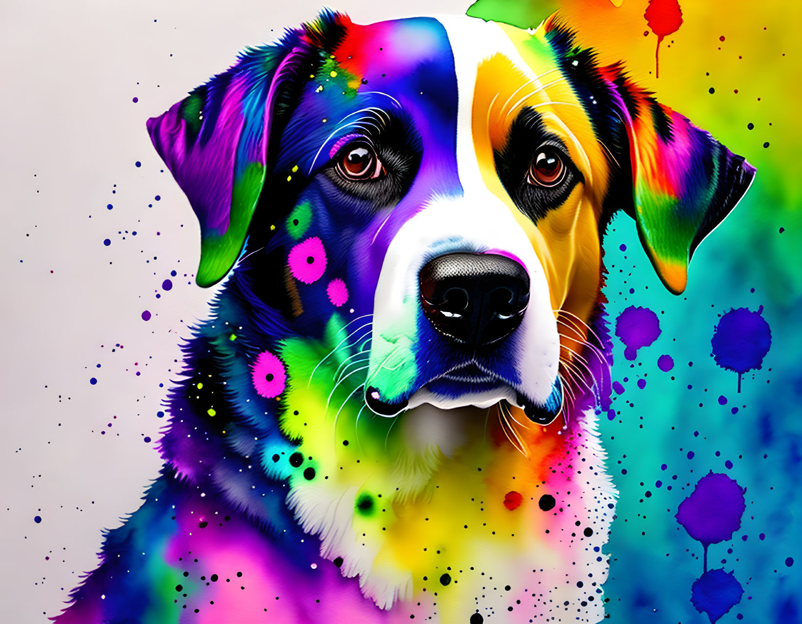 Colorful Abstract Painting of Dog with Splashes and Patterns